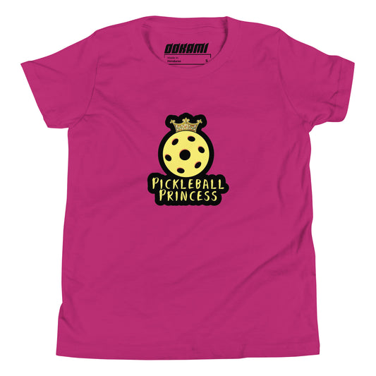 Front view of a berry-colored youth t-shirt featuring a yellow pickleball with a crown and the text "Pickleball Princess.