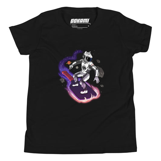  A black youth t-shirt showing a space surfer navigating the cosmos on a pickleball paddle, with a dynamic space-themed design.