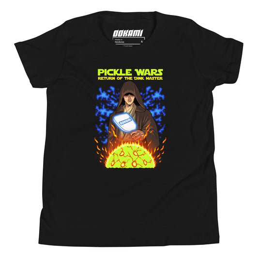 A youth black t-shirt featuring a powerful Jedi holding a paddle with the text "Pickle Wars Return of the Dink Master" in bright yellow above
