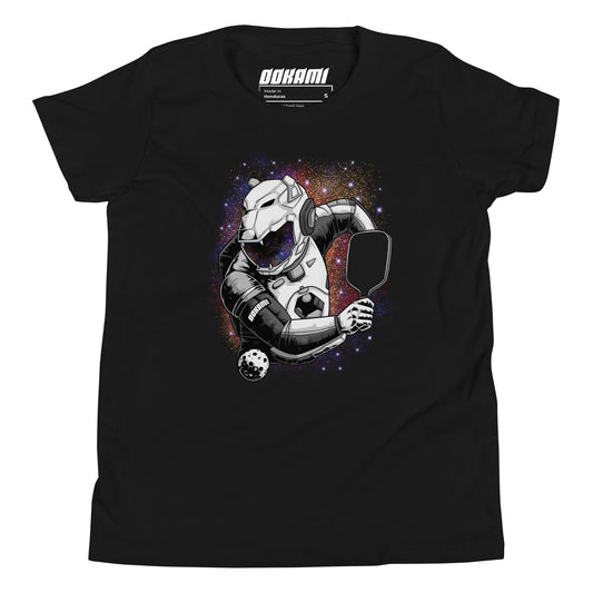 Youth black t-shirt with a cosmic-themed pickleball player graphic, known as the Galactic Shot.