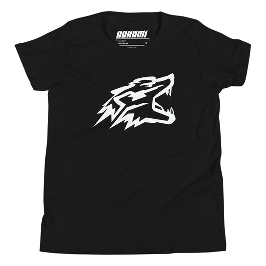 Front view of a black youth size pickleball t-shirt featuring a striking white wolf head design.