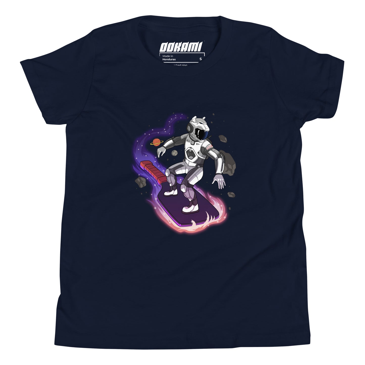 A navy youth t-shirt displaying a space surfer riding a pickleball paddle through space, with asteroids and stars in the background.
