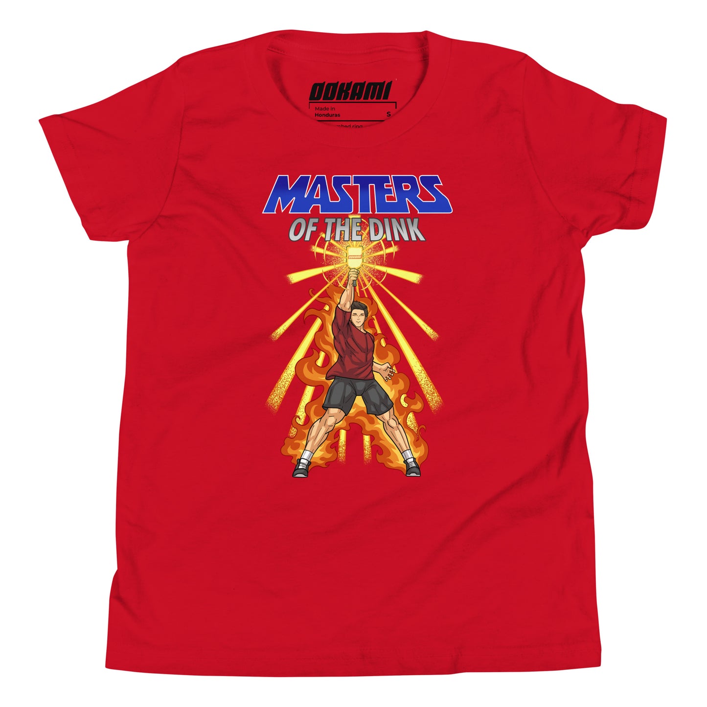 Youth size red t-shirt featuring a dynamic design inspired by He-Man and The Masters Of The Universe, showcasing a fierce pickleball player with a paddle, surrounded by flames and radiating energy.