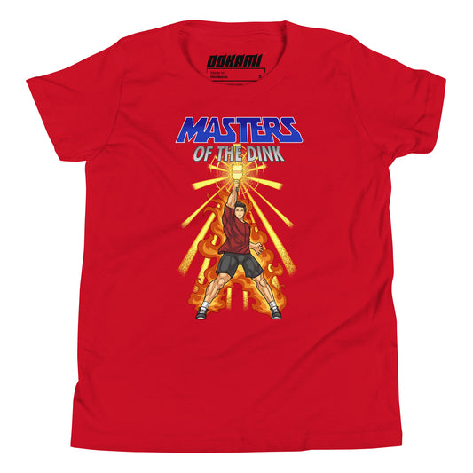 Youth size red t-shirt featuring a dynamic design inspired by He-Man and The Masters Of The Universe, showcasing a fierce pickleball player with a paddle, surrounded by flames and radiating energy.