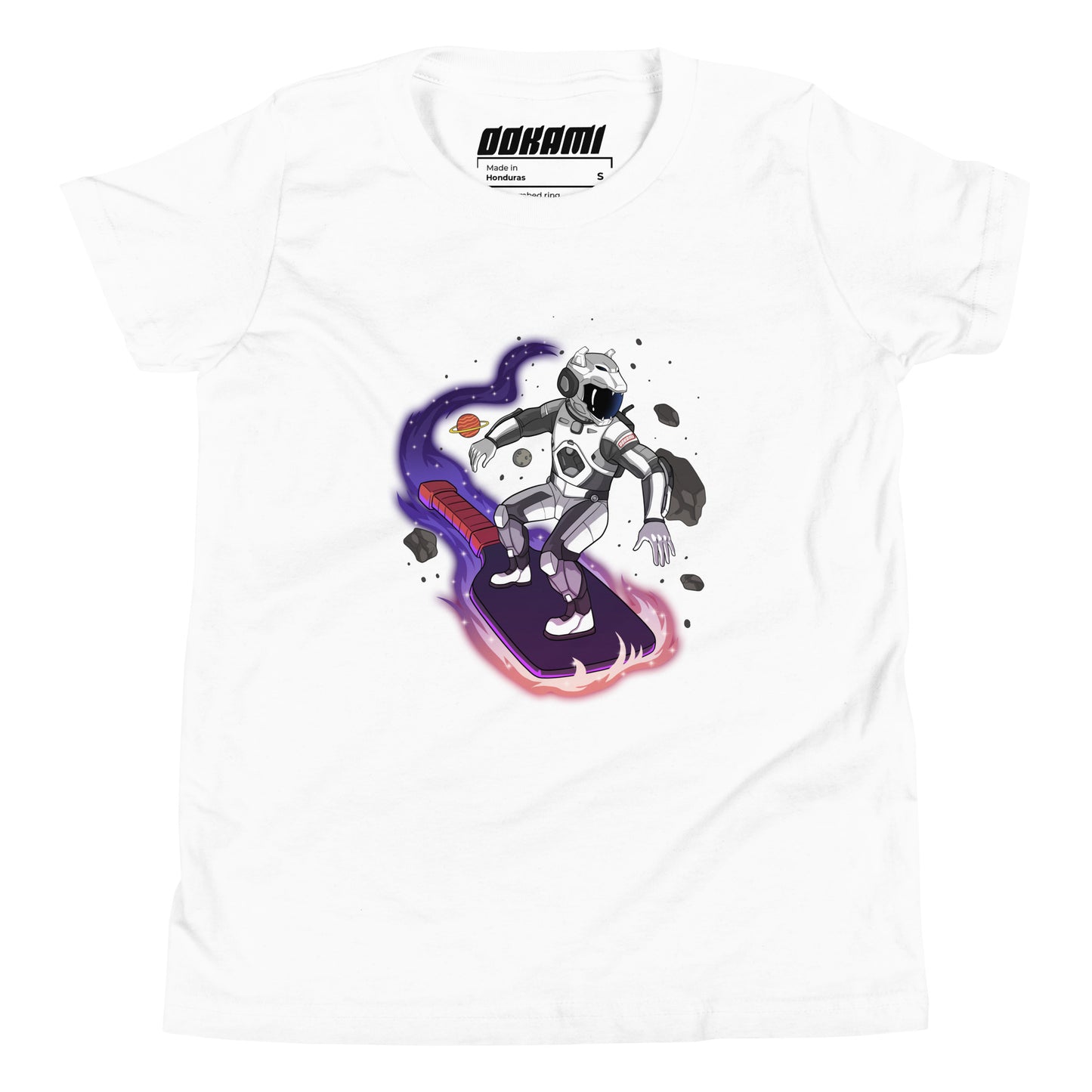  A white youth t-shirt featuring a space surfer gliding on a pickleball paddle, surrounded by cosmic elements.