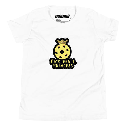 Front view of a white youth t-shirt featuring a yellow pickleball with a crown and the text "Pickleball Princess